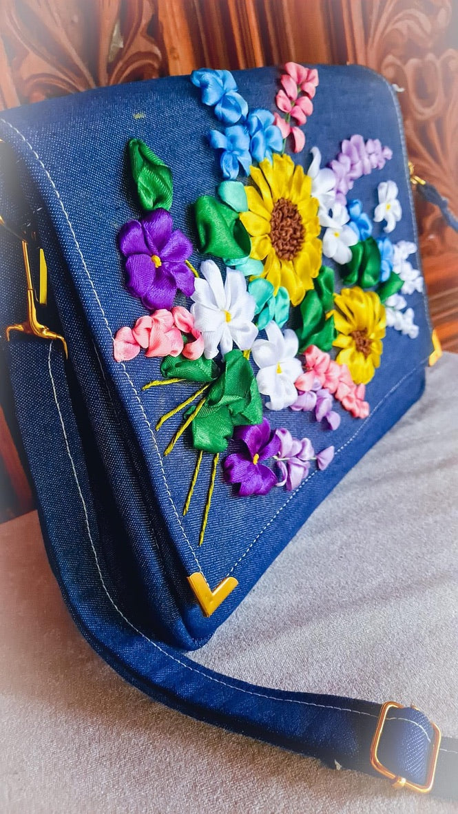 Denim material Ribbon Embroidered shoulder/ cross body Bag with flowers