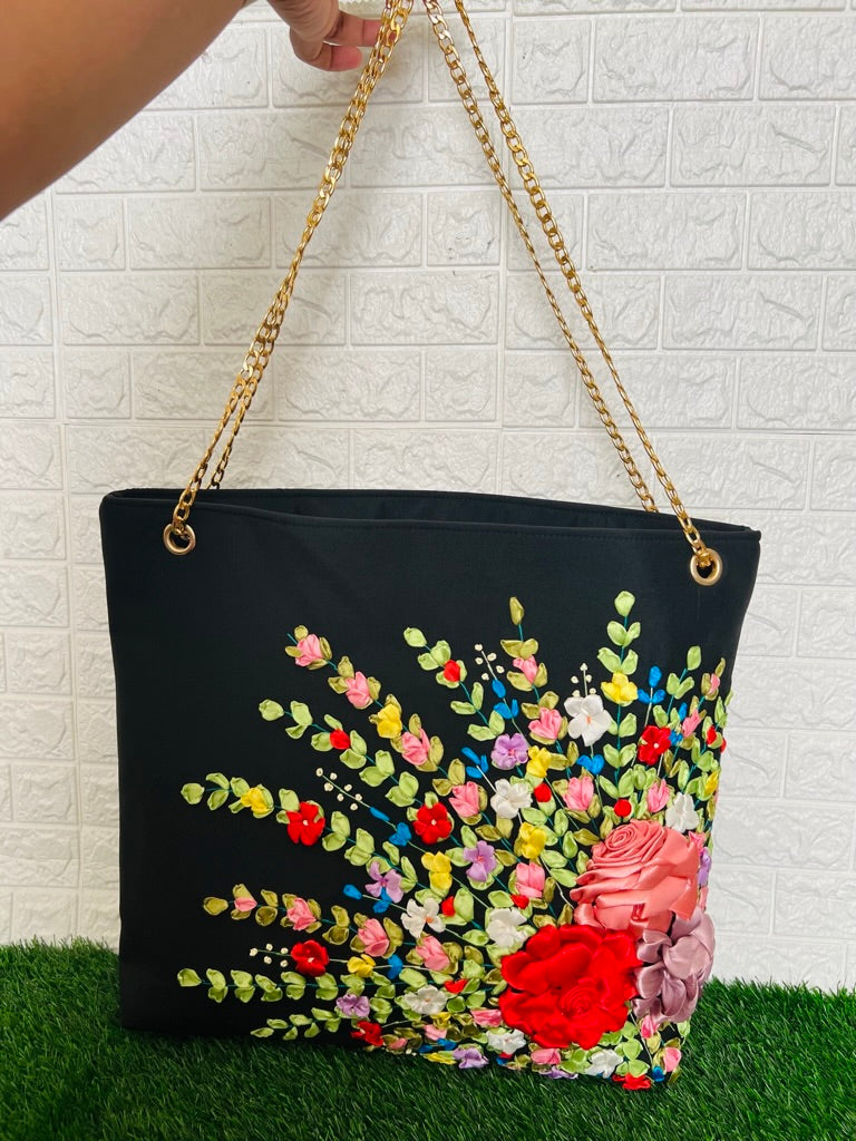Ribbon embroidered colorful Roses Bag