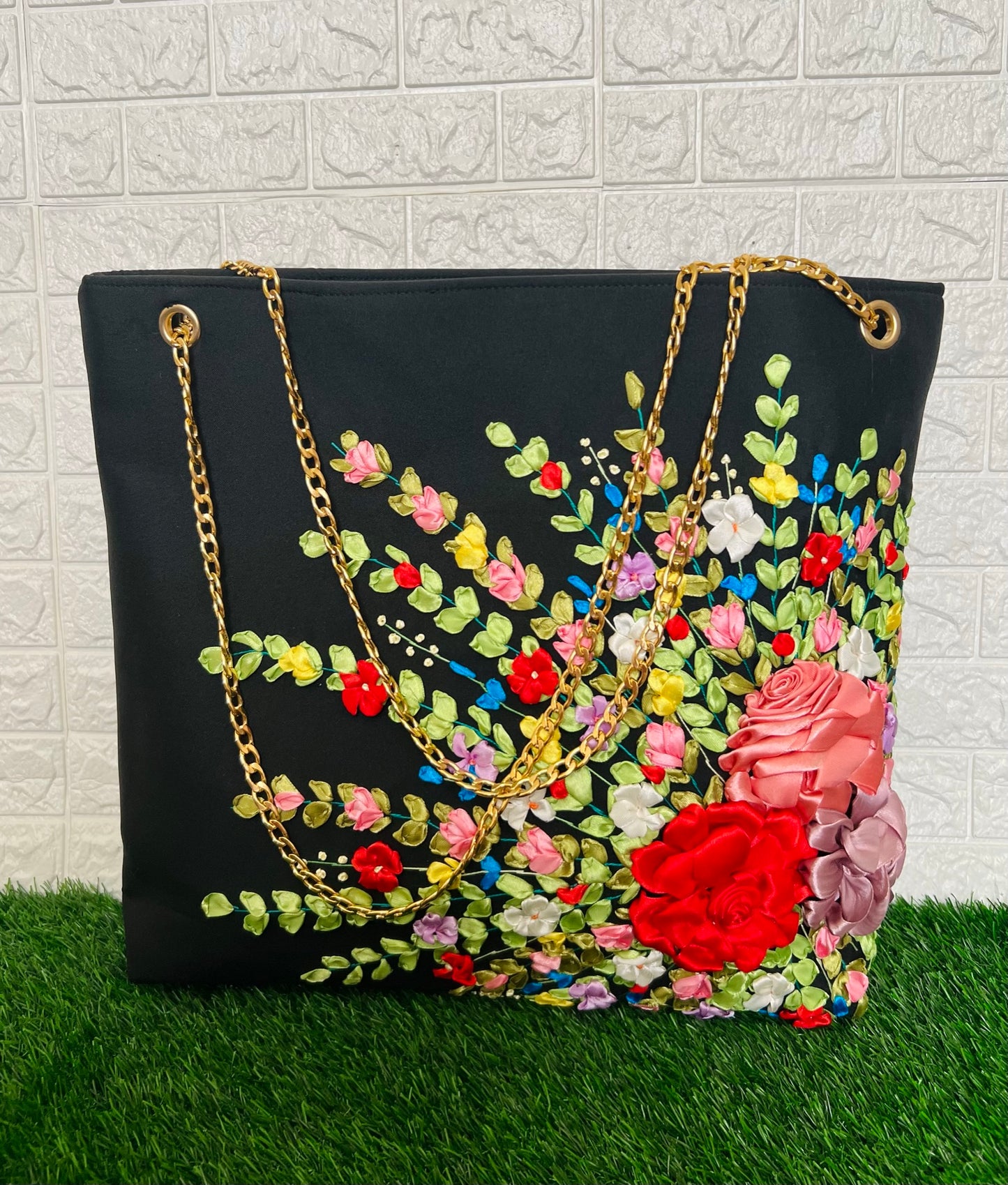 Ribbon embroidered colorful Roses Bag