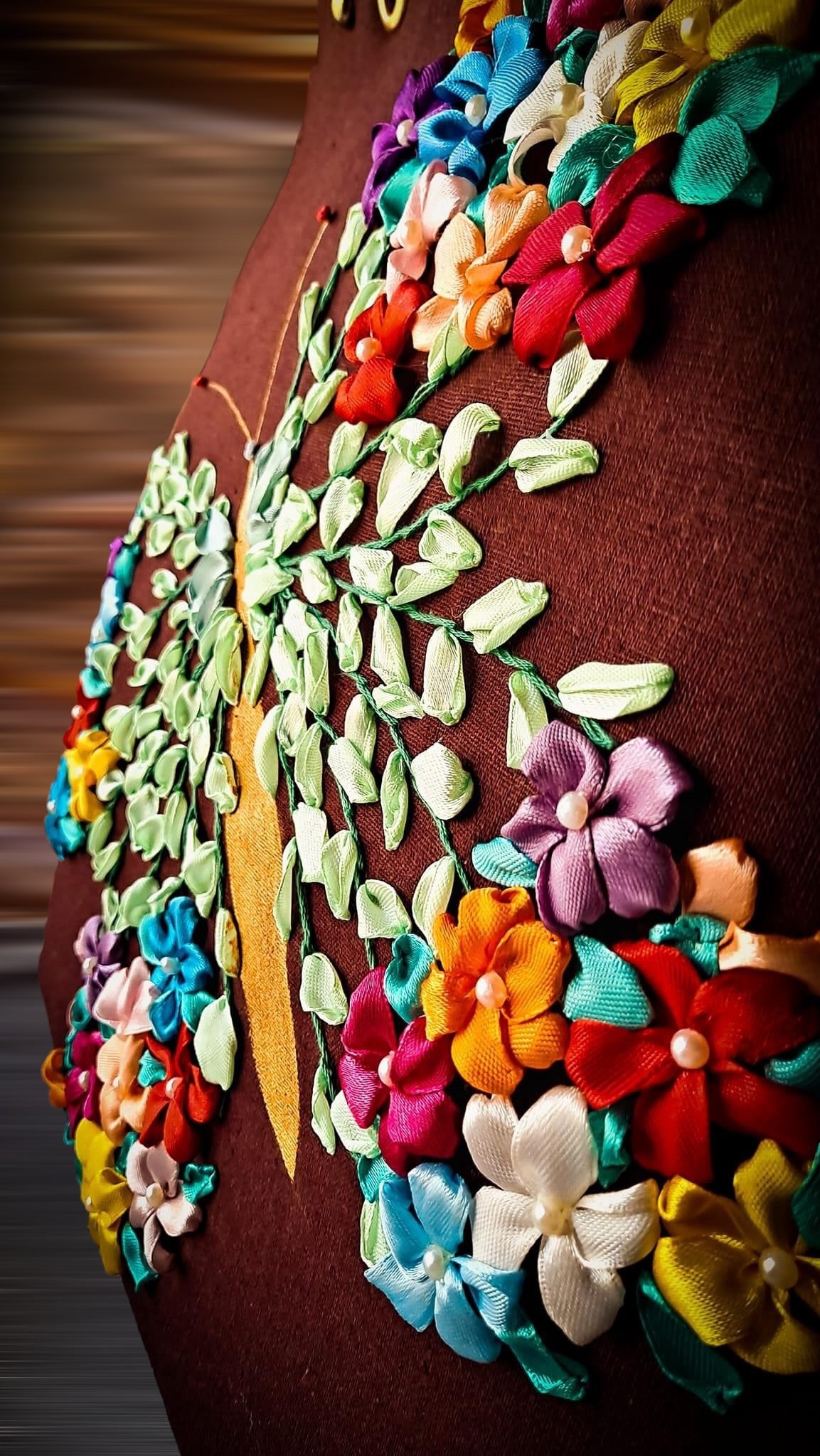 Ribbon Embroidered Bag with Butterfly shape flower design