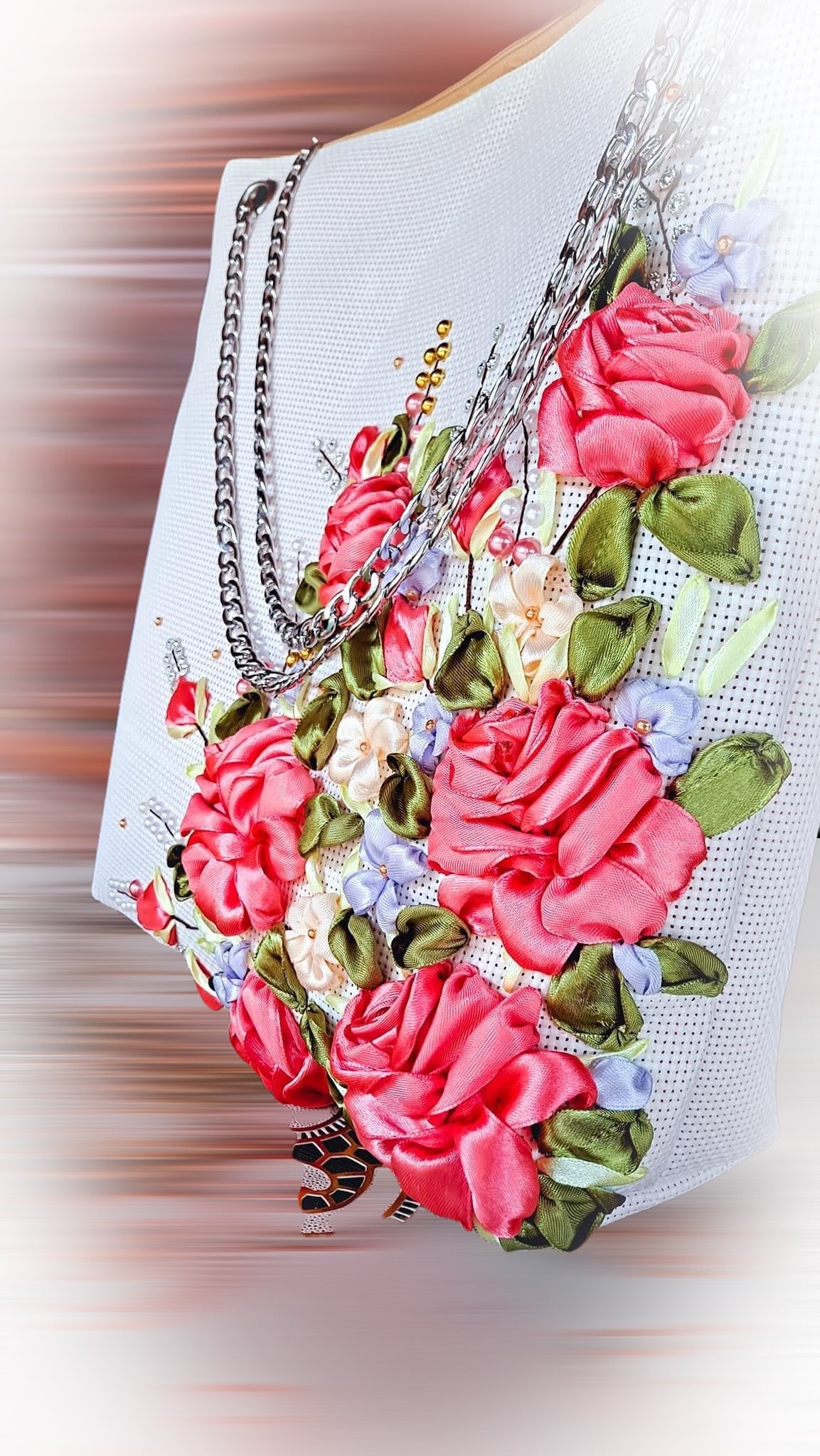 Ribbon Embroidered Bag with Roses