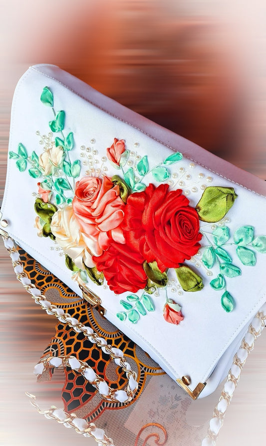 Ribbon Embroidered shoulder/ cross body Bag with flowers