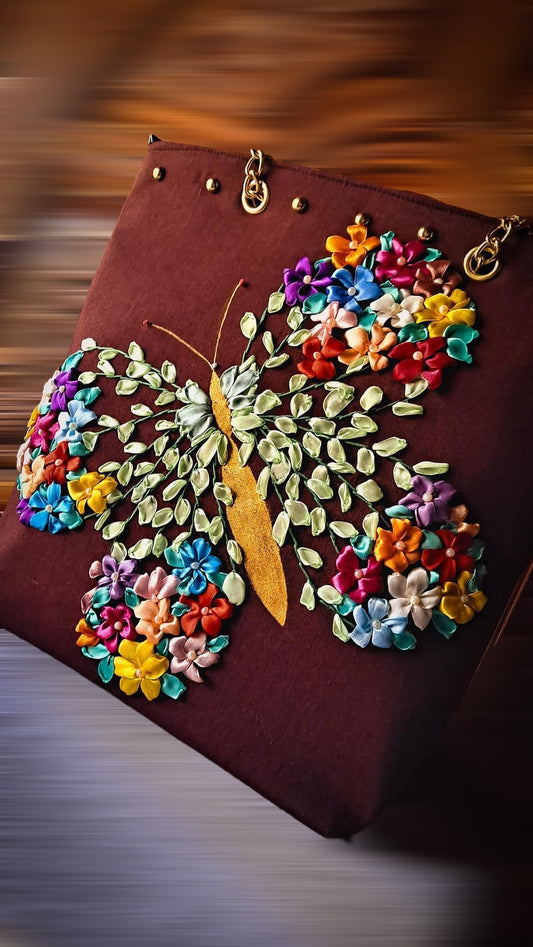 Ribbon Embroidered Bag with Butterfly shape flower design