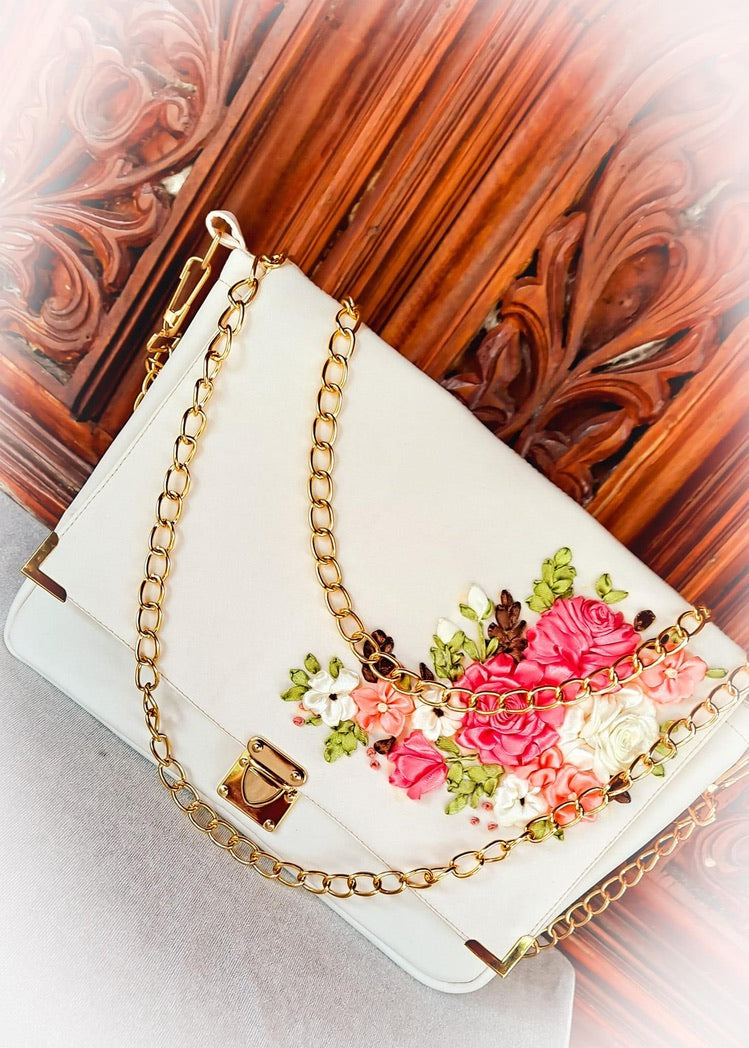 Ribbon Embroidered Bag with flowers