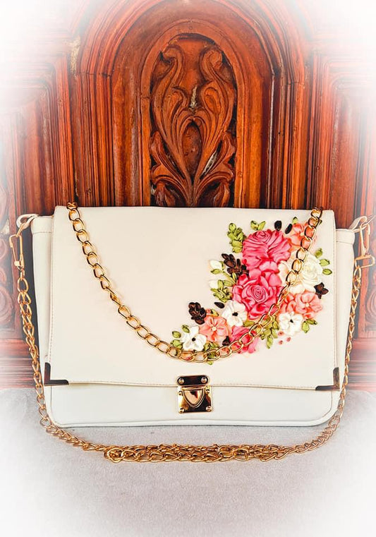Ribbon Embroidered Bag with flowers