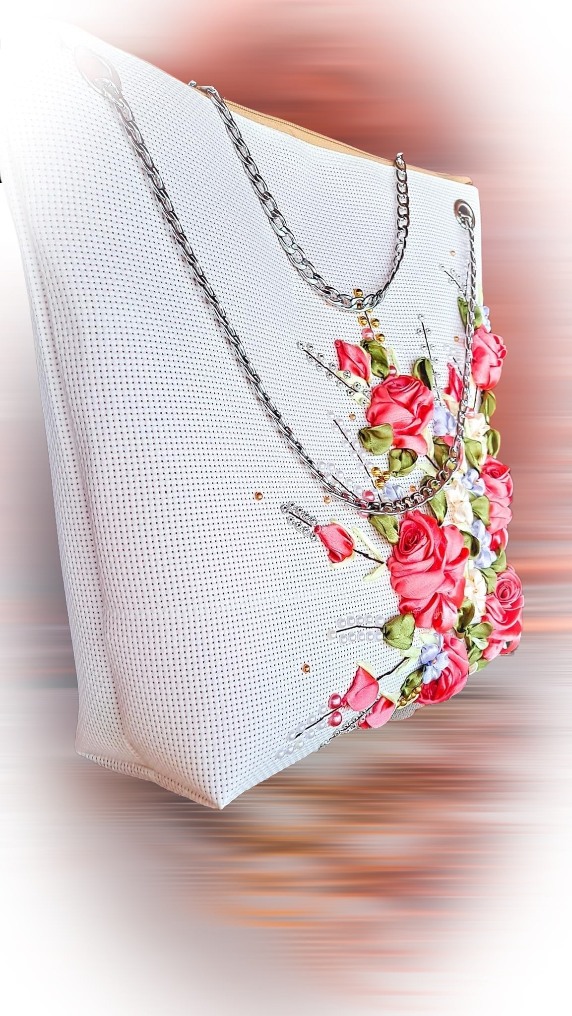 Ribbon Embroidered Bag with Roses