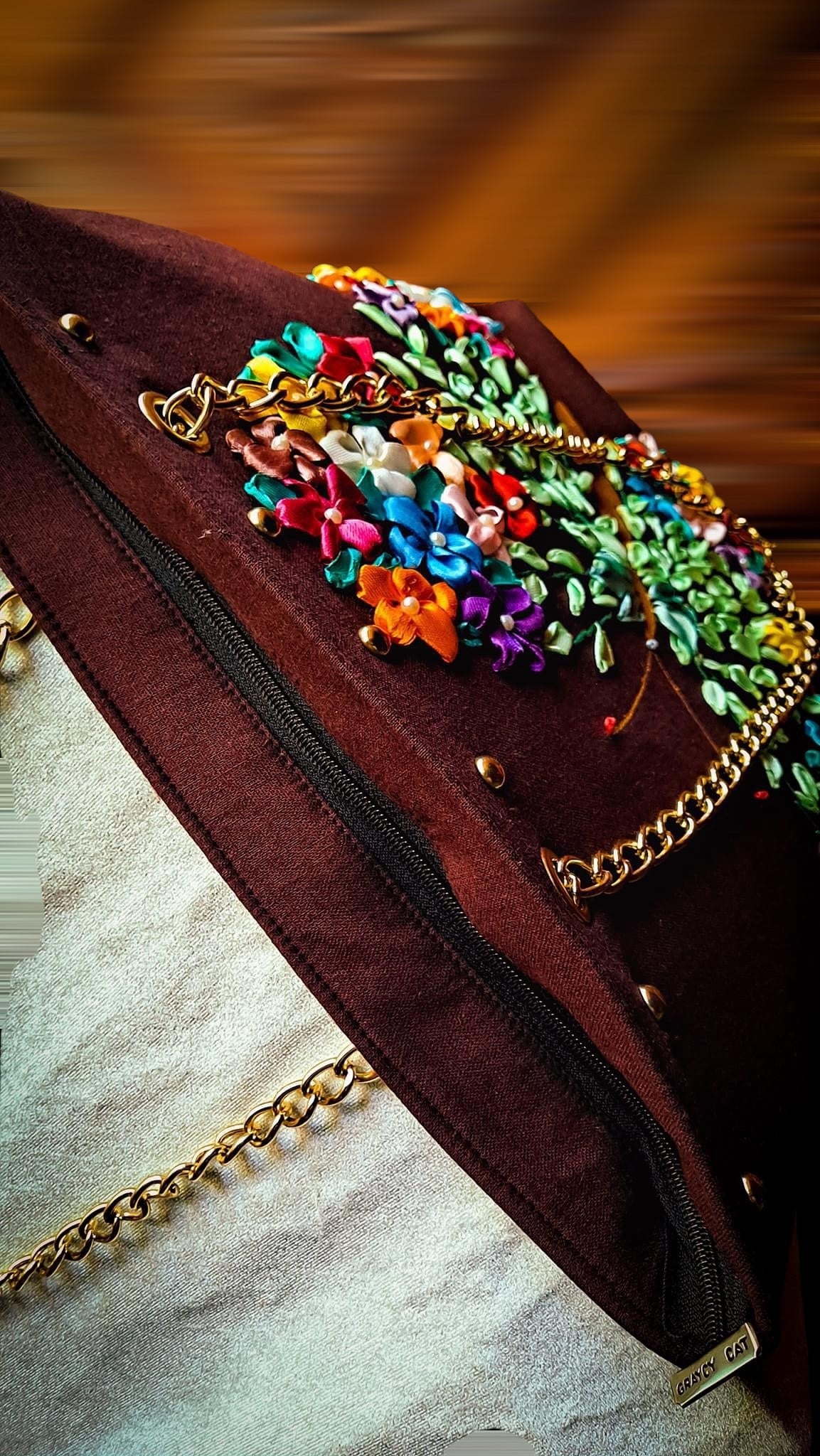 Ribbon Embroidered Bag with Butterfly shape flower design