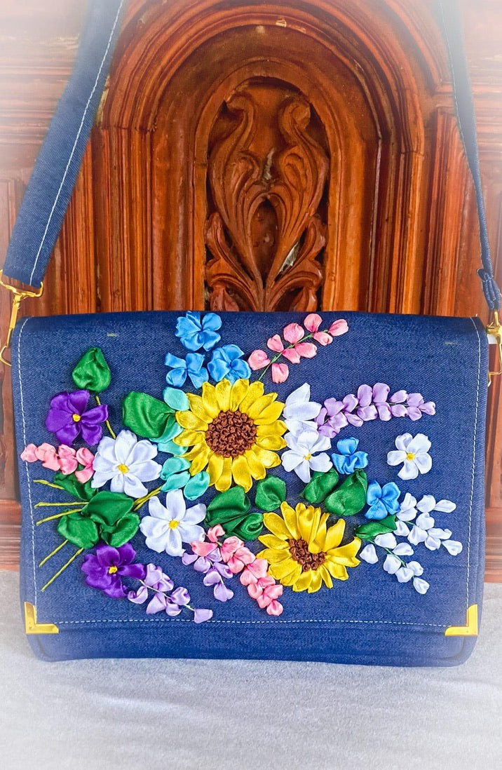 Denim material Ribbon Embroidered shoulder/ cross body Bag with flowers