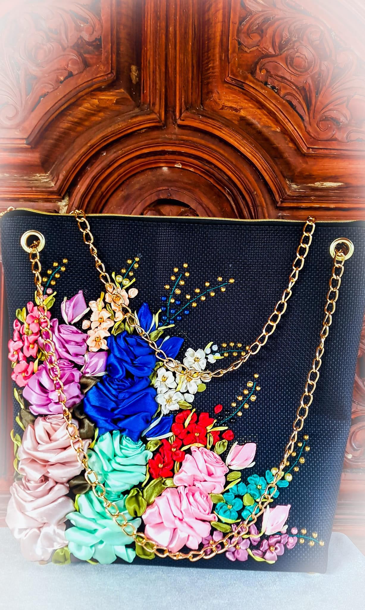 Ribbon Embroidered Bag with Roses