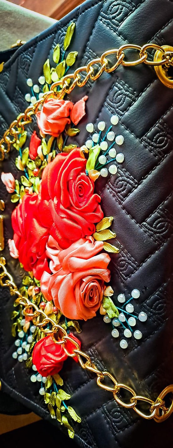 Ribbon Embroidered Bag with flowers