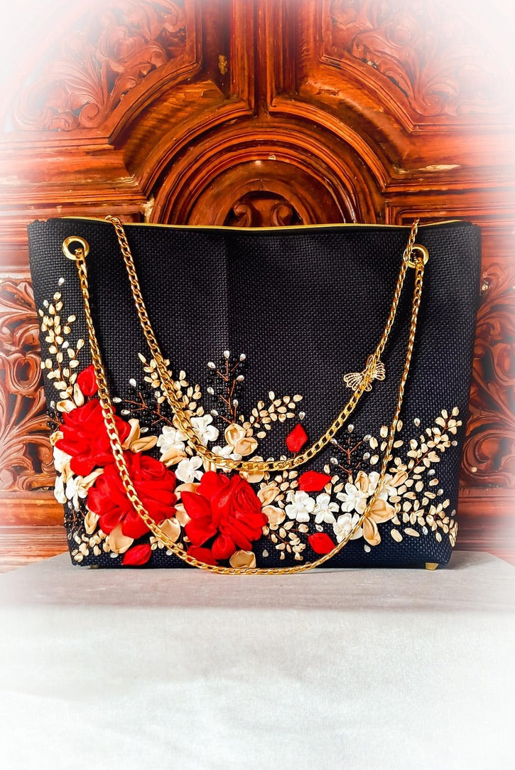 Ribbon embroidered Red and Gold Roses Bag