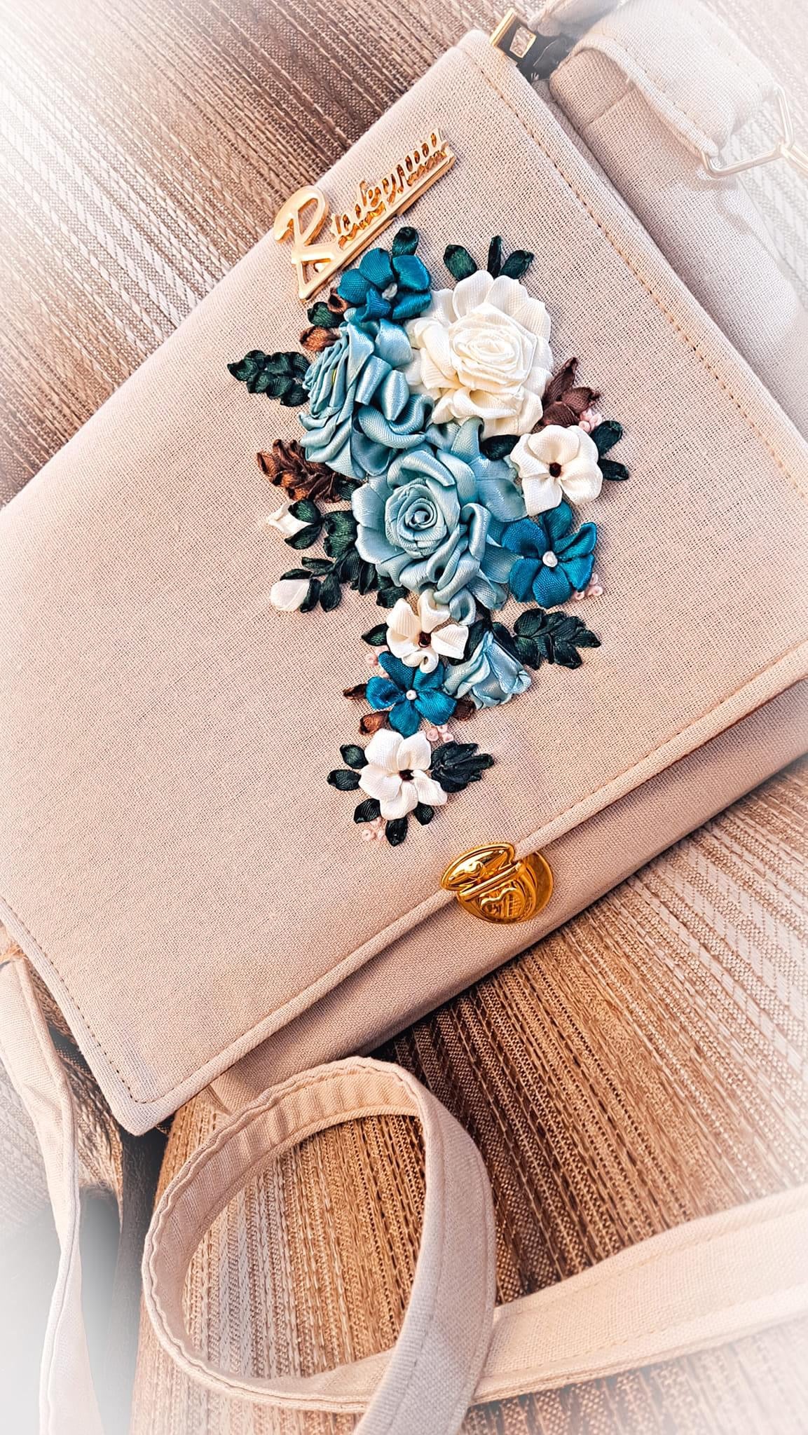 Ribbon Embroidered shoulder/ cross body Bag with flowers