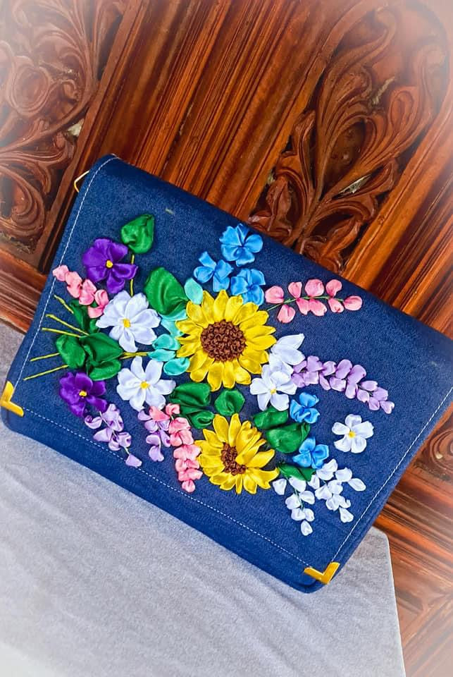 Denim material Ribbon Embroidered shoulder/ cross body Bag with flowers