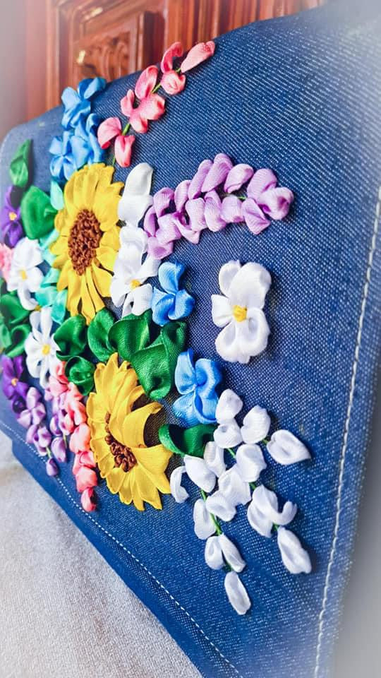Denim material Ribbon Embroidered shoulder/ cross body Bag with flowers