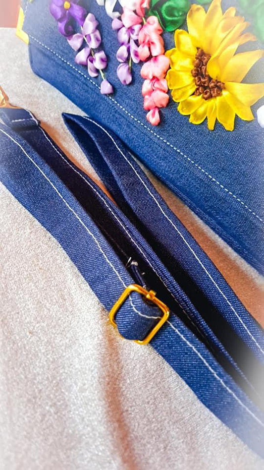 Denim material Ribbon Embroidered shoulder/ cross body Bag with flowers