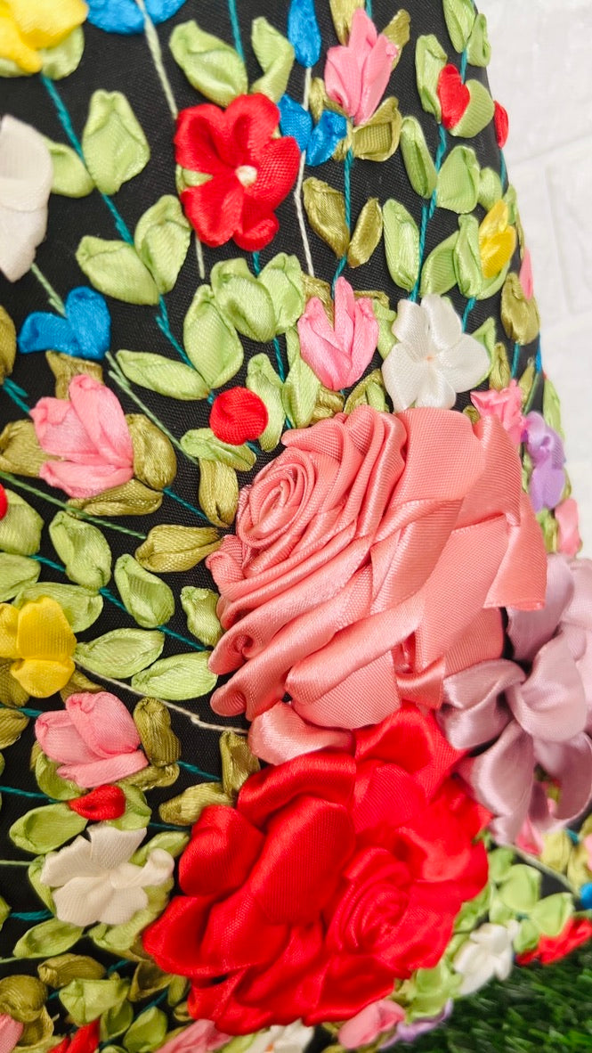 Ribbon embroidered colorful Roses Bag