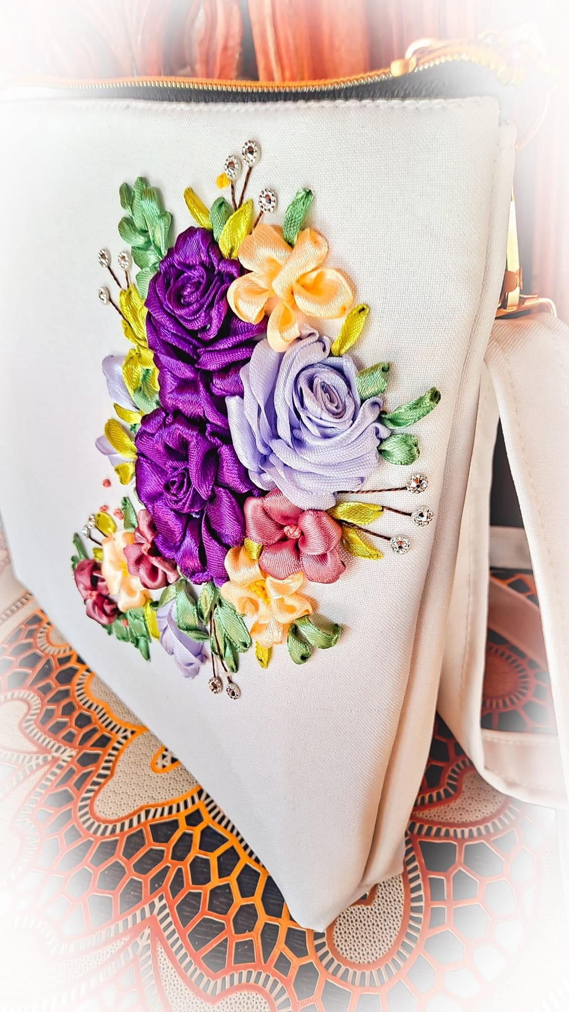 Ribbon Embroidered Shoulder Bag /Cross Body Bag