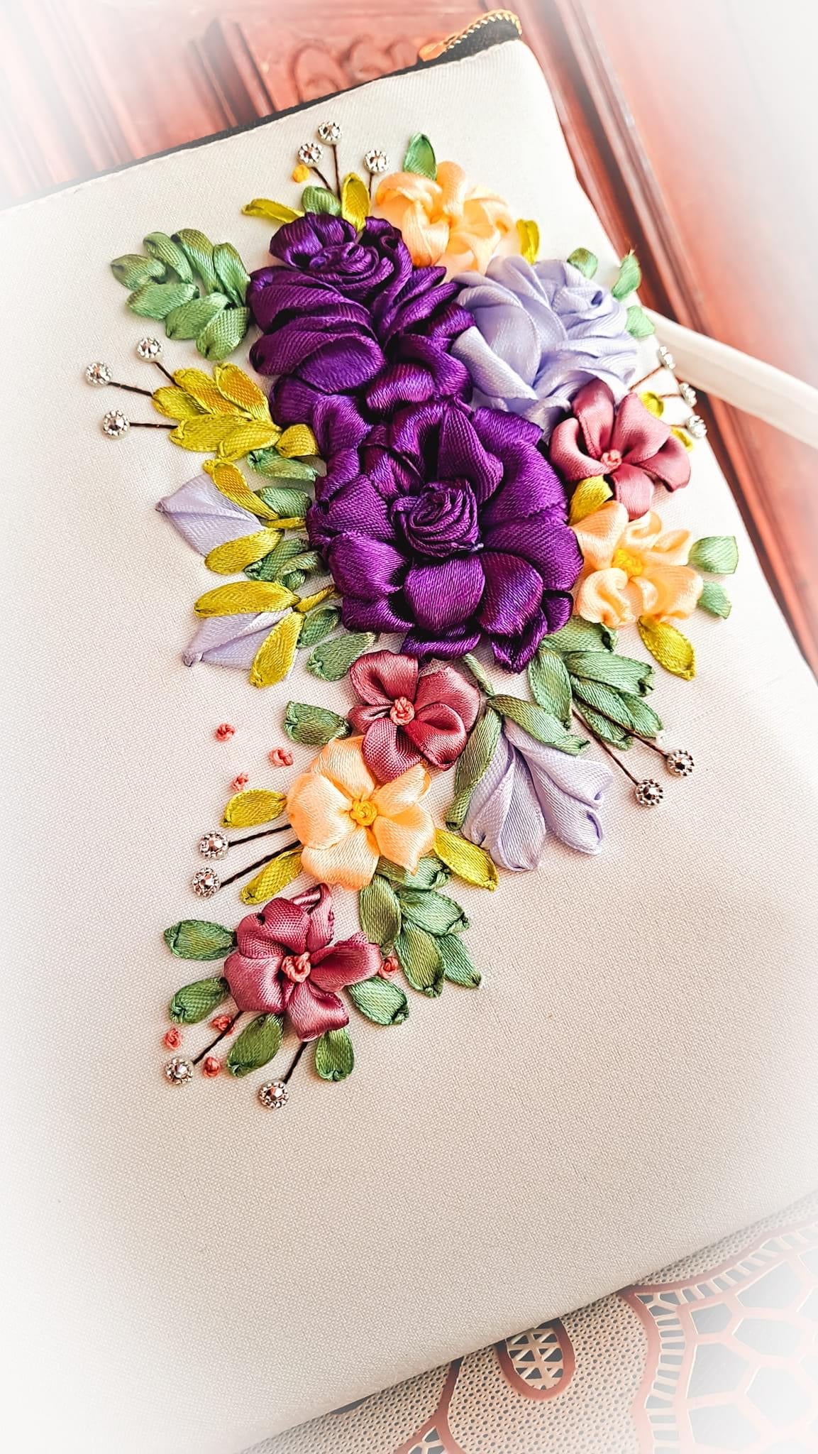 Ribbon Embroidered Shoulder Bag /Cross Body Bag