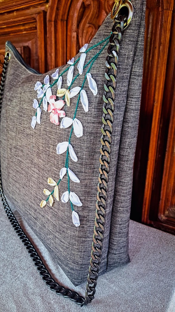 Ribbon Embroidered Bag (Grey)
