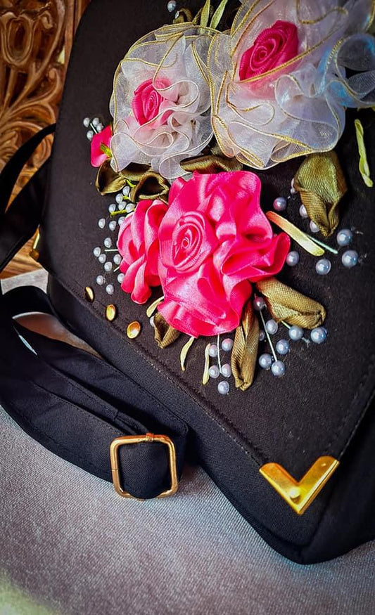 Ribbon Embroidered shoulder/ cross body Bag with flowers