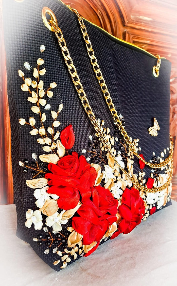 Ribbon embroidered Red and Gold Roses Bag