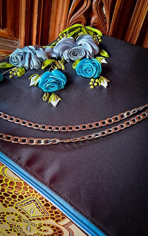 Ribbon Embroidered Blue Roses Bag