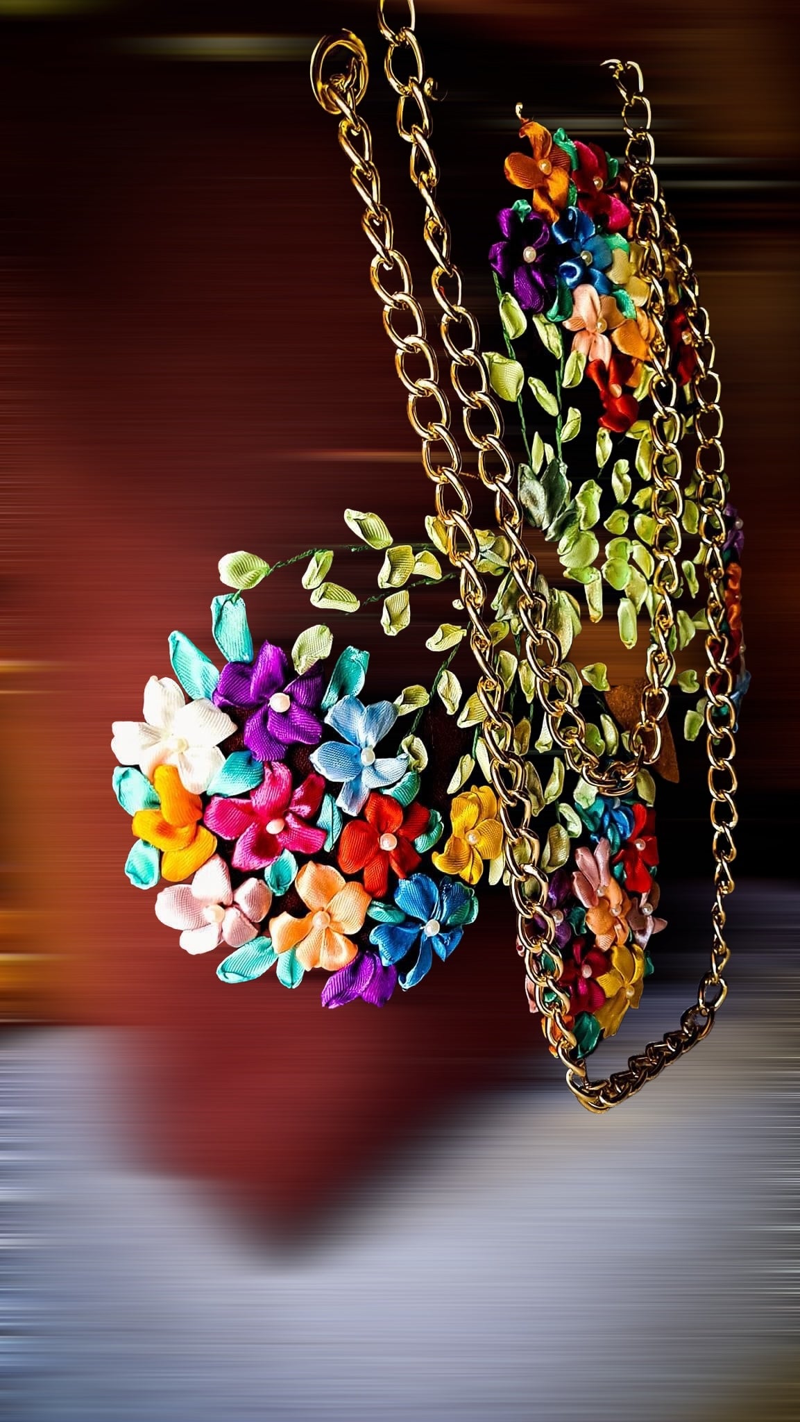 Ribbon Embroidered Bag with Butterfly shape flower design