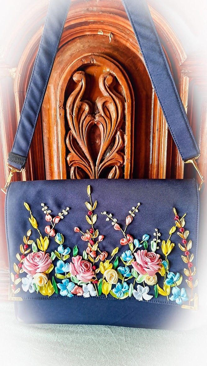 Hand Ribbon Embroidered Bag with flowers