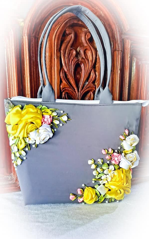 Ribbon Embroidered Roses Bag