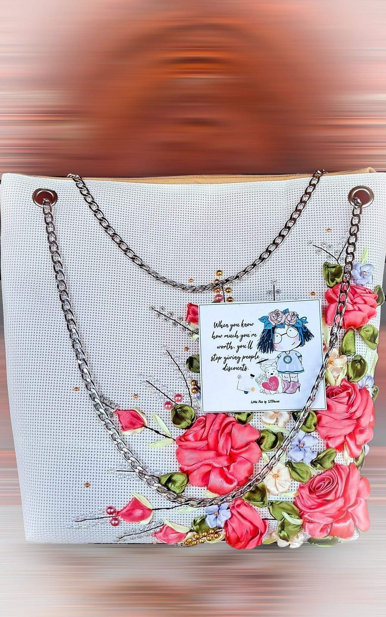 Ribbon Embroidered Bag with Roses