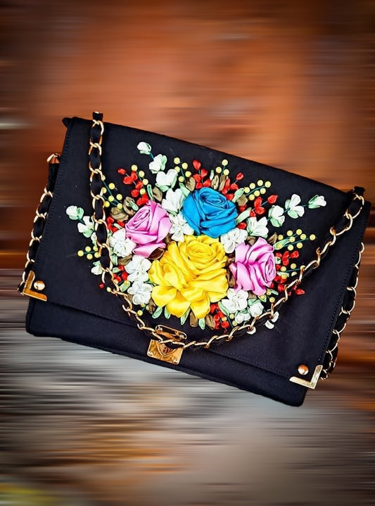 Ribbon Embroidered shoulder/ cross body Bag with flowers