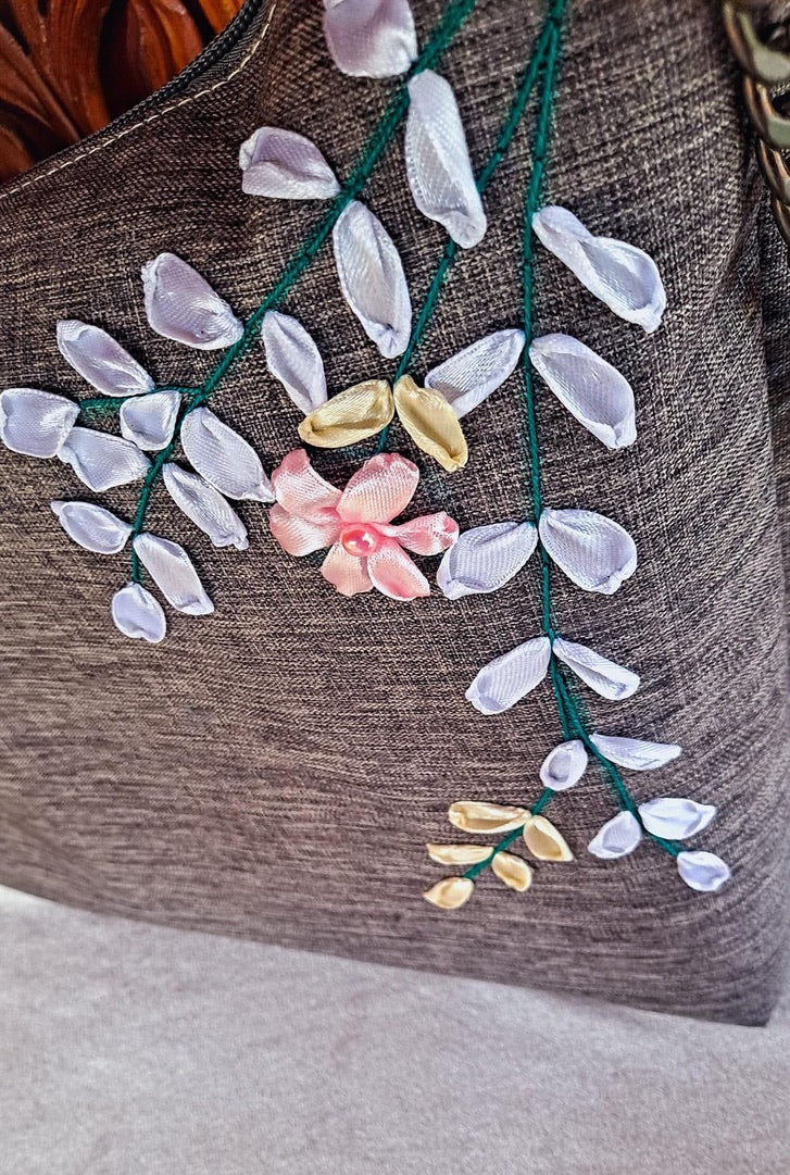 Ribbon Embroidered Bag (Grey)
