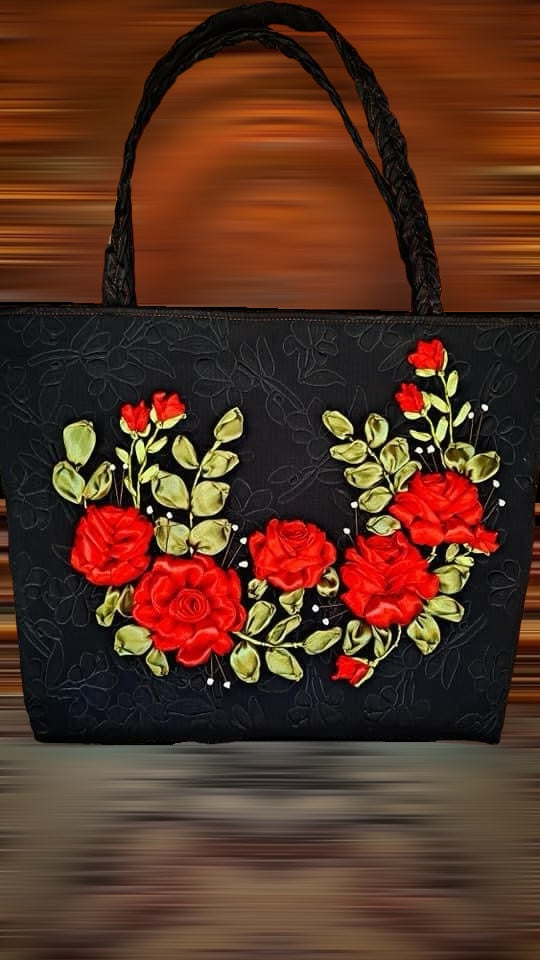 Ribbon Embroidered Bag with Roses
