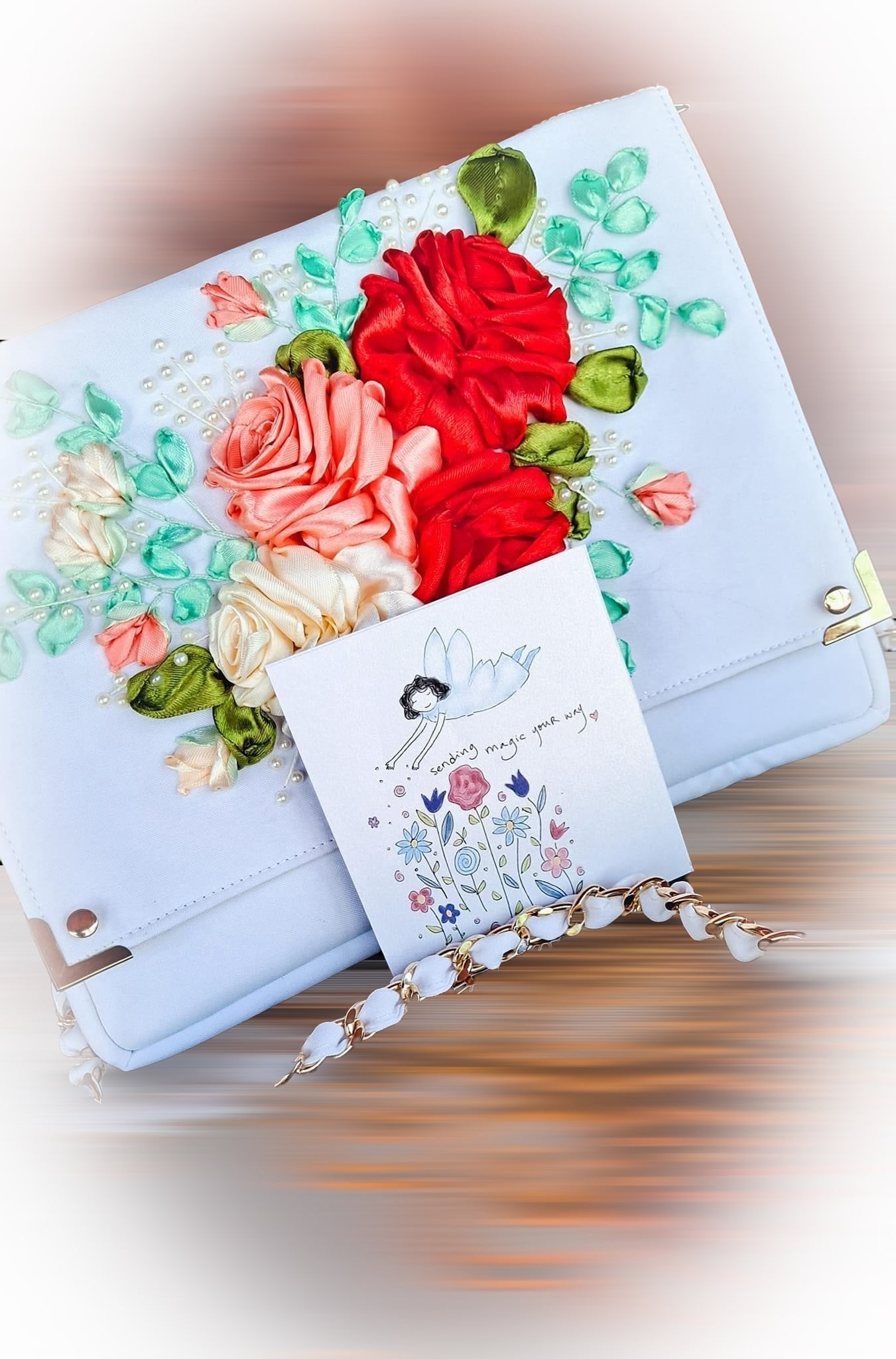 Ribbon Embroidered shoulder/ cross body Bag with flowers