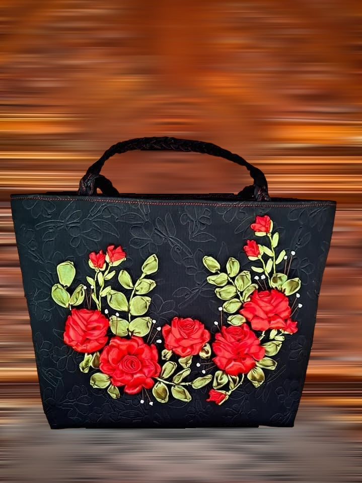 Ribbon Embroidered Bag with Roses