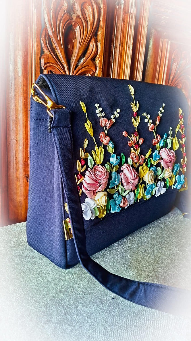 Hand Ribbon Embroidered Bag with flowers