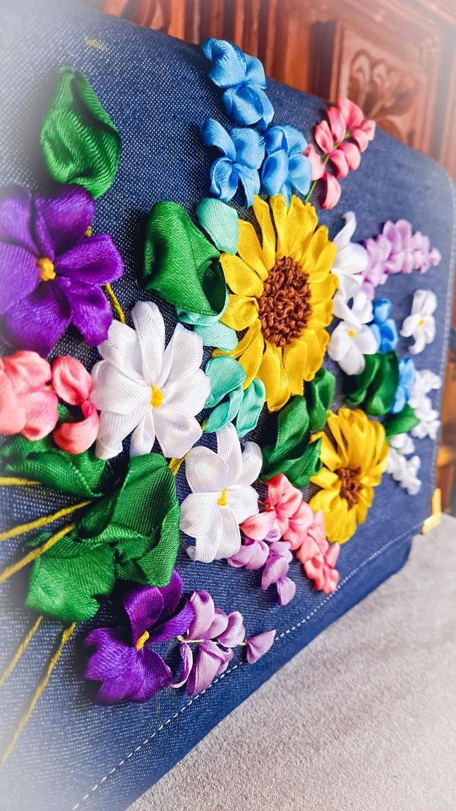 Denim material Ribbon Embroidered shoulder/ cross body Bag with flowers