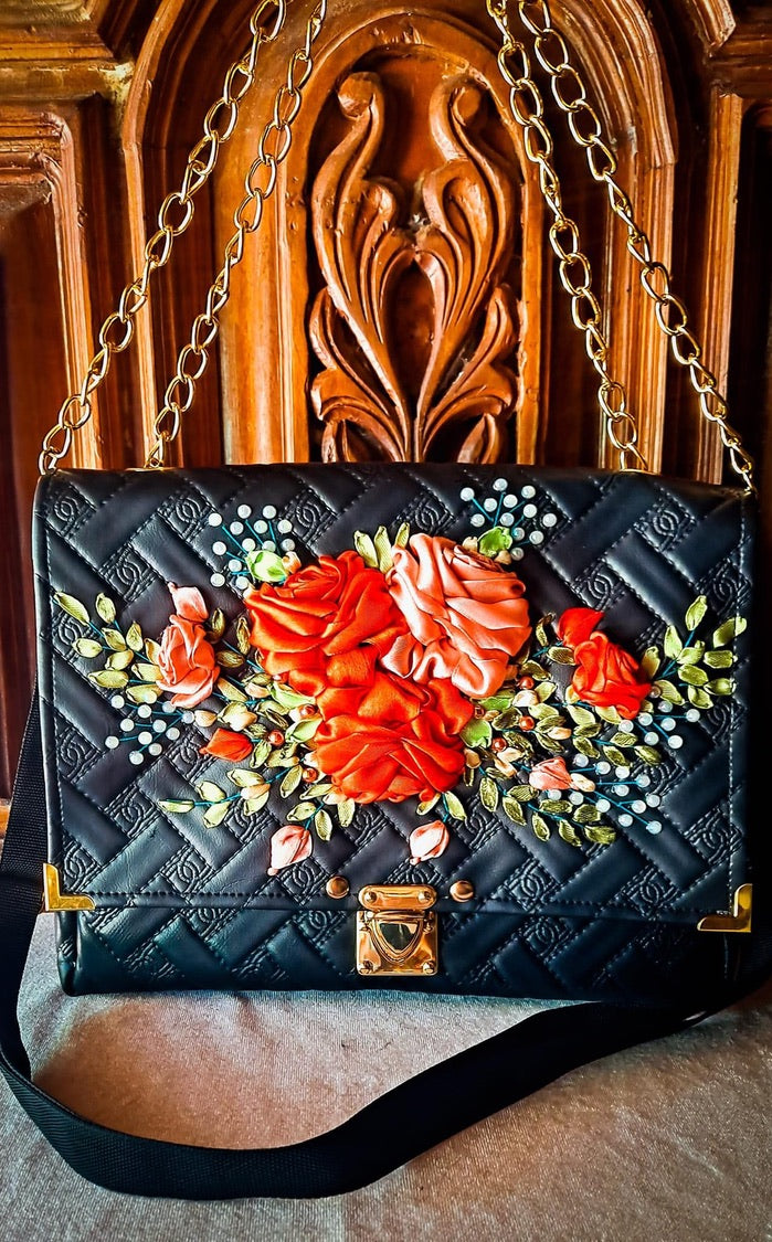 Ribbon Embroidered Bag with flowers