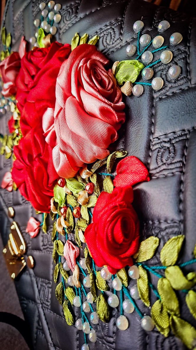 Ribbon Embroidered Bag with flowers