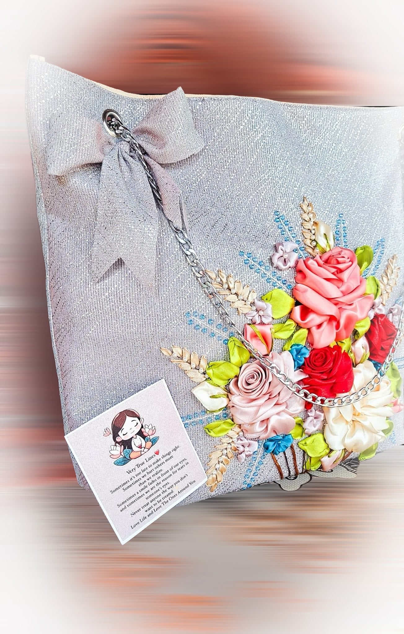 MRibbon Embroidered Bag with Roses