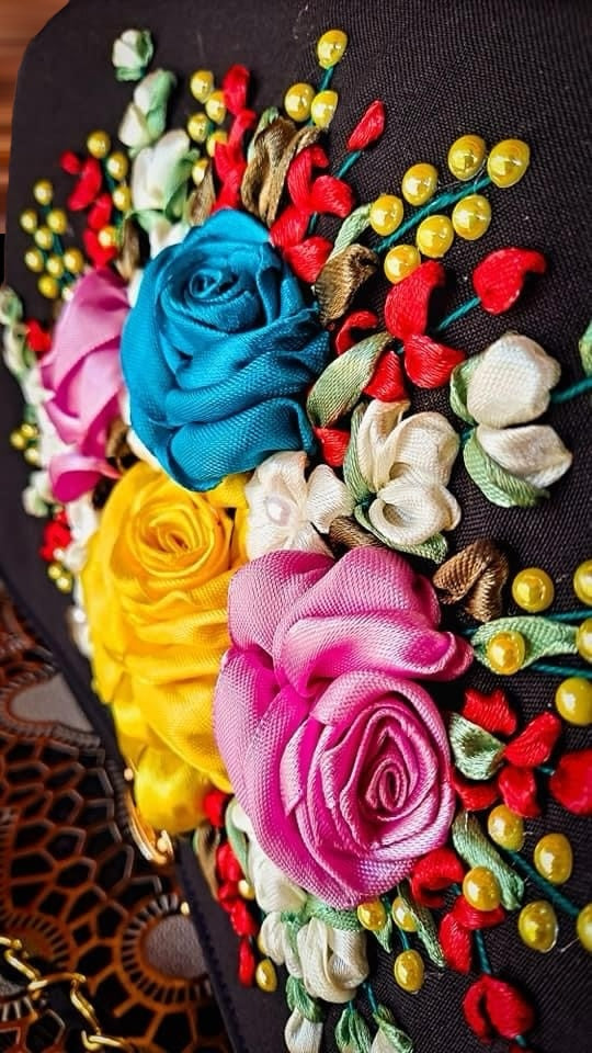 Ribbon Embroidered shoulder/ cross body Bag with flowers