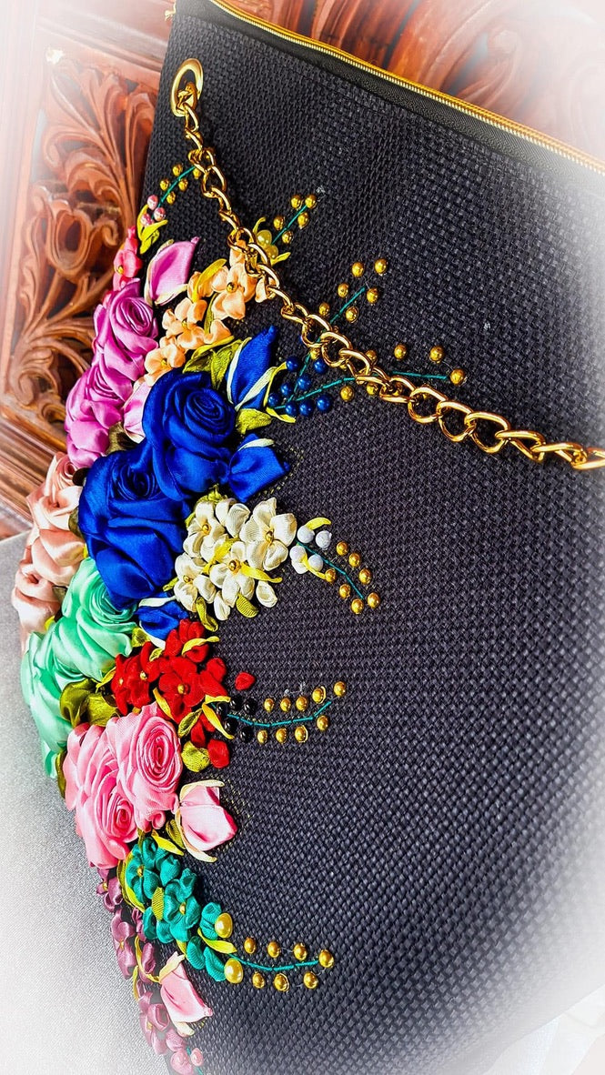 Ribbon Embroidered Bag with Roses