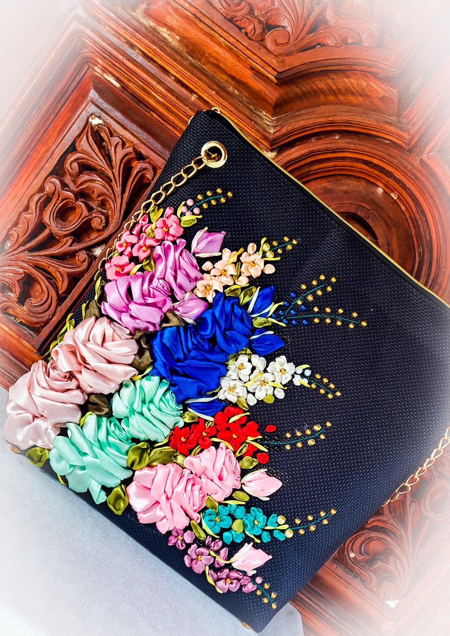 Ribbon Embroidered Bag with Roses