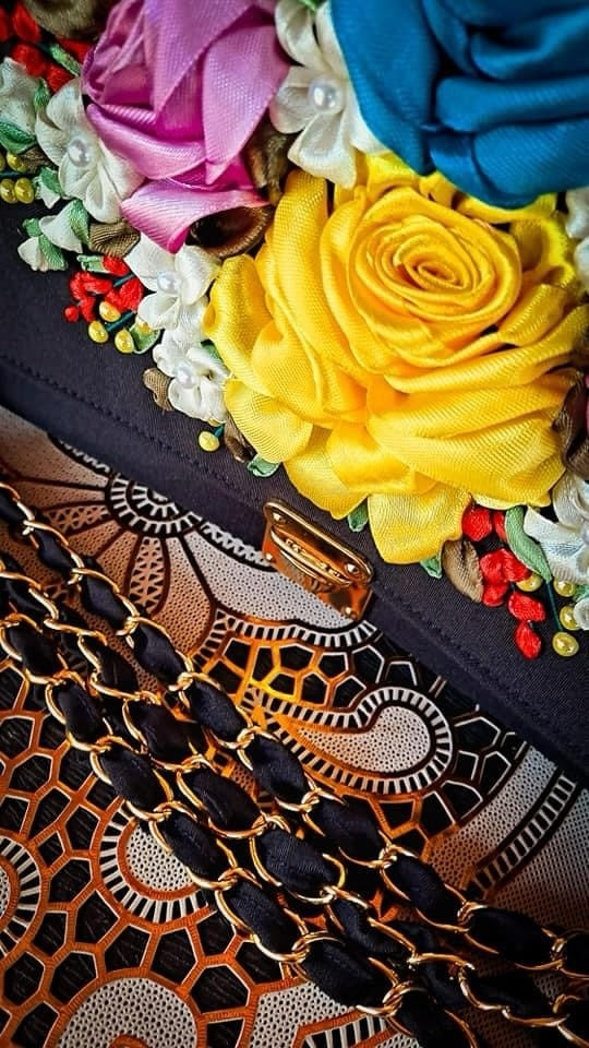 Ribbon Embroidered shoulder/ cross body Bag with flowers