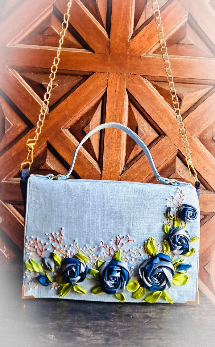 Hand Ribbon Embroidered Bag with Blue Roses