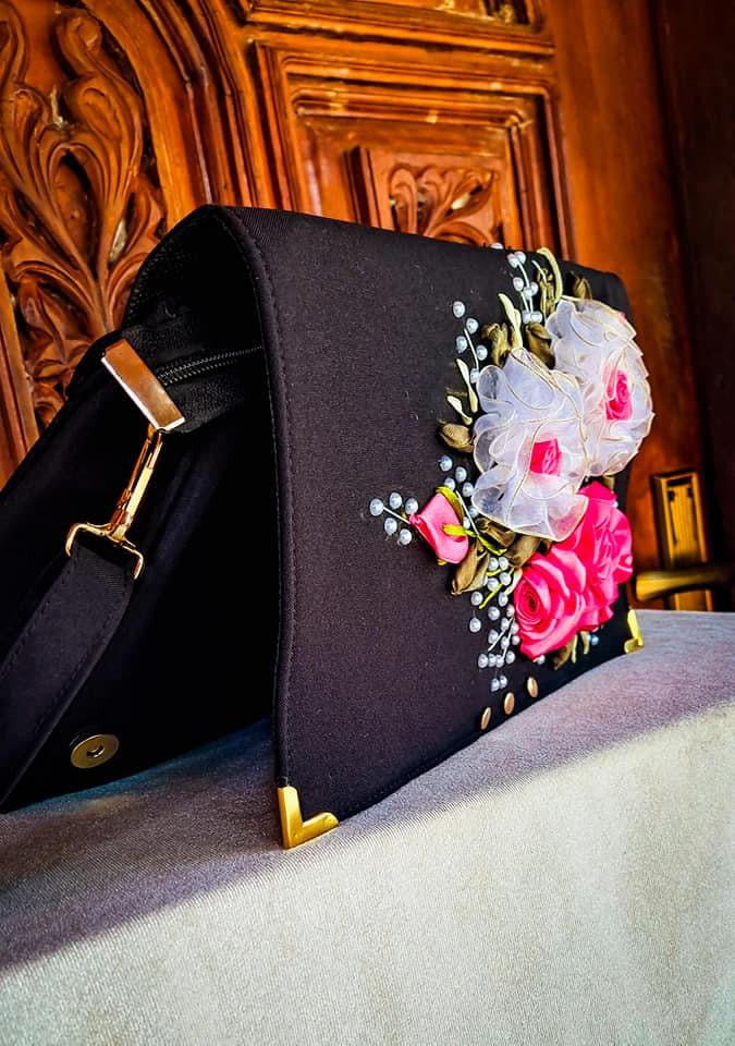 Ribbon Embroidered shoulder/ cross body Bag with flowers