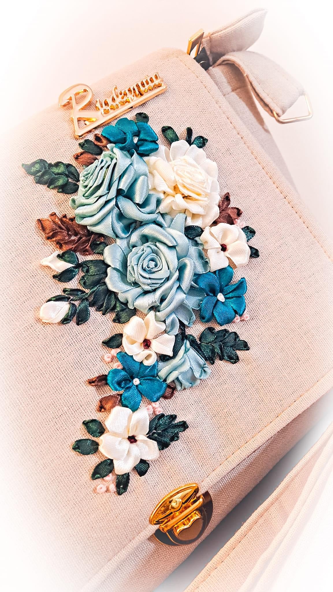 Ribbon Embroidered shoulder/ cross body Bag with flowers