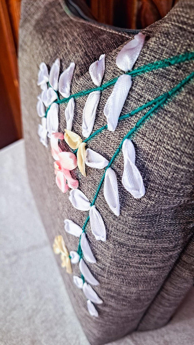 Ribbon Embroidered Bag (Grey)