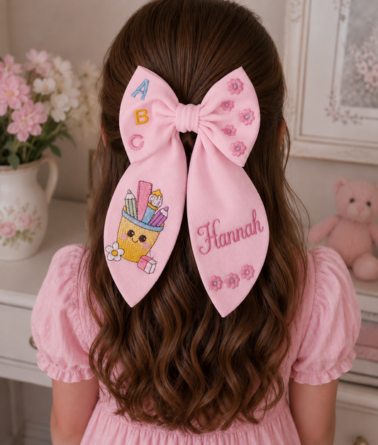 Back to school Bow 2 , Personalized Back to School Embroidered Hair Bow – White Fabric | Custom Name Bow | First Day of School Gift (Copy)
