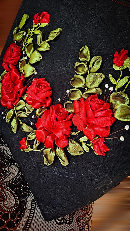 Ribbon Embroidered Bag with Roses